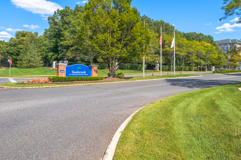 Entrance to Seabrook senior living showing the Seabrook sign on a landscaped roundabout with flags, trees, and a roadway.