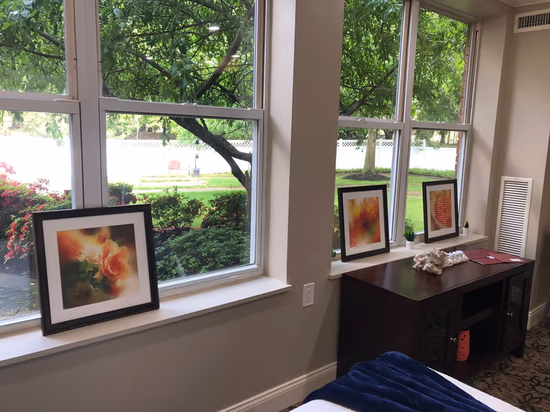Interior view of a room with large windows showing a green garden outside. Three framed abstract paintings are placed on the window sills. Below the windows is a dark wooden cabinet with decorative items and a blue blanket partially visible in the foreground.