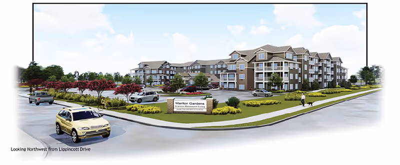 Exterior rendering of a multi-story senior living building with landscaped grounds, a parking lot and cars in front.