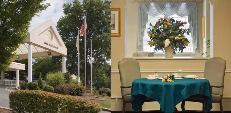 Left side shows the exterior entrance of Summit Ridge Center with a covered drop-off area, flagpoles with American and other flags, and surrounding greenery. Right side shows an interior dining area with a round table covered with a teal tablecloth, set for two with plates, glasses, and a floral centerpiece, with a large flower arrangement on a ledge in the background.