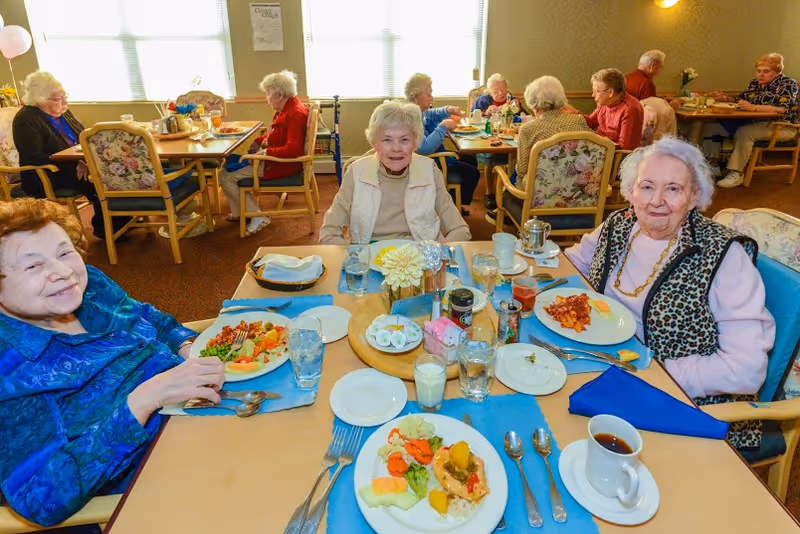 Several elderly residents seated at dining tables enjoying meals in a bright communal dining room.