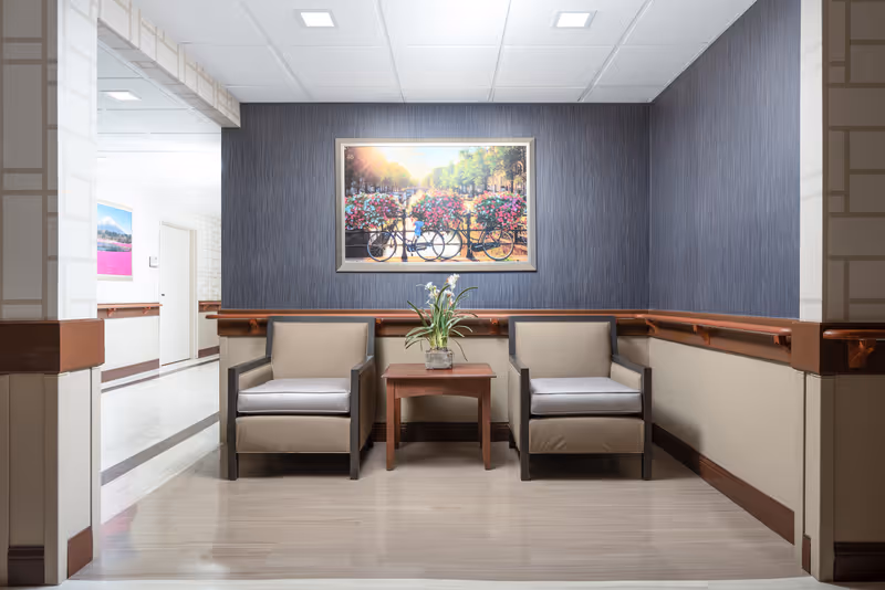 A small seating area in a hallway with two beige armchairs separated by a wooden side table holding a potted plant. The walls are decorated with a dark textured wallpaper and a framed picture of bicycles with flower baskets. The hallway has light-colored flooring and white ceiling tiles with recessed lighting.