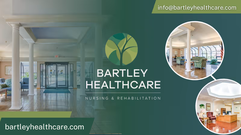 Entrance area of Bartley Healthcare Nursing and Rehabilitation Center showing a spacious lobby with white columns, tiled floor, and glass doors. Two smaller circular inset images show a seating area with green patterned chairs and a reception desk area with maroon chairs and a skylight.
