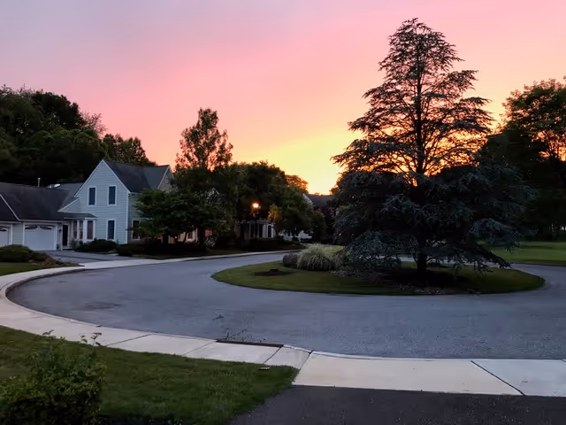 A quiet residential street at sunset with a large tree in the center of a circular driveway. Houses with garages and well-maintained lawns line the street, and the sky is colored with shades of pink and orange.