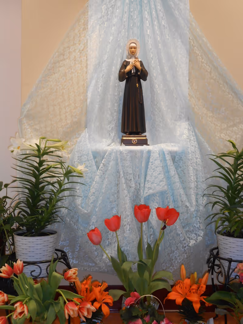 A religious statue of a saint dressed in a black robe with a white head covering, standing on a pedestal draped with light blue lace fabric. The statue is surrounded by various potted plants and colorful flowers, including red tulips and orange lilies.