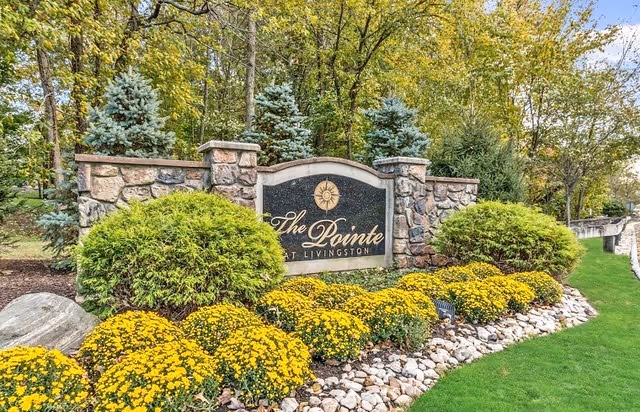 Stone entrance sign reading 'The Pointe at Livingston' set amid landscaped bushes and yellow flowers.