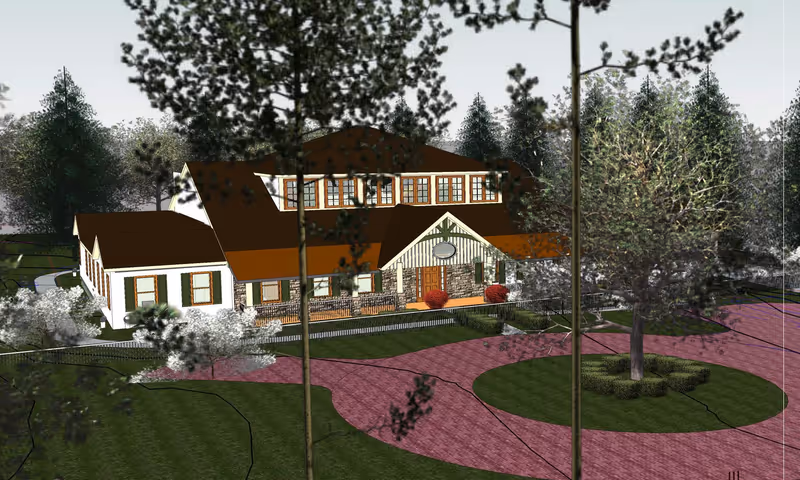 A digital rendering of a two-story building with a brown roof and white walls, surrounded by trees and landscaping. There is a circular driveway with a tree in the center in front of the building.