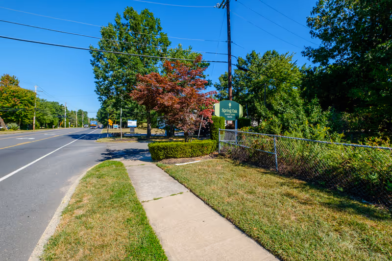 Sidewalk along a road with green grass and trees, including a tree with red leaves. A green sign reads 'Spring Oak Senior Living Toms River' with the address number 2145. There is a chain-link fence and utility poles with power lines overhead under a clear blue sky.
