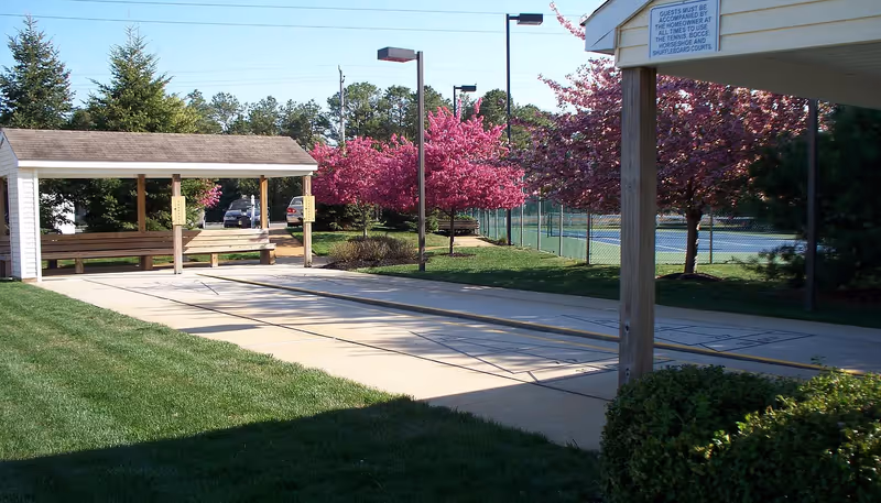 Outdoor recreational area with a covered shuffleboard court, benches, and blooming pink trees along a fenced tennis court in the background under a clear sky.