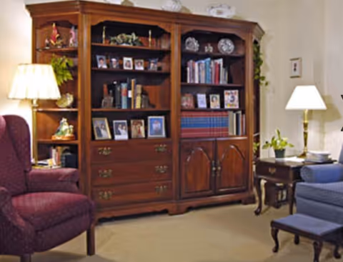 Cozy living room with a large wooden bookcase displaying books and framed photos, flanked by upholstered chairs and table lamps.
