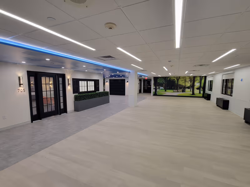 A spacious, modern interior room with light wood flooring and white walls. The ceiling has recessed lighting and a blue LED strip light along one side. On the left wall, there is a black-framed glass door labeled 705, a decorative window, and a planter with green foliage. The far wall features a large mural of a park scene with trees and a pathway. Several black benches are placed along the right wall under windows.