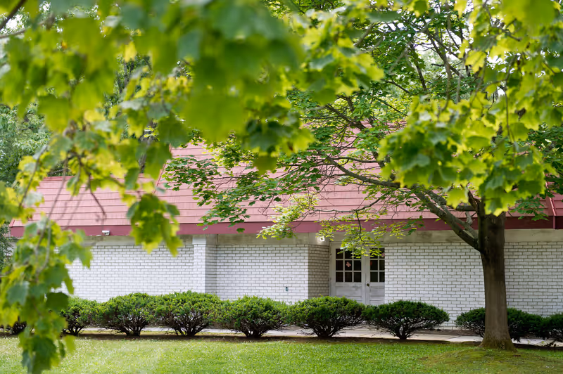 View of a white brick building with a red roof partially obscured by green leafy trees and bushes in the foreground, with a grassy area in front.
