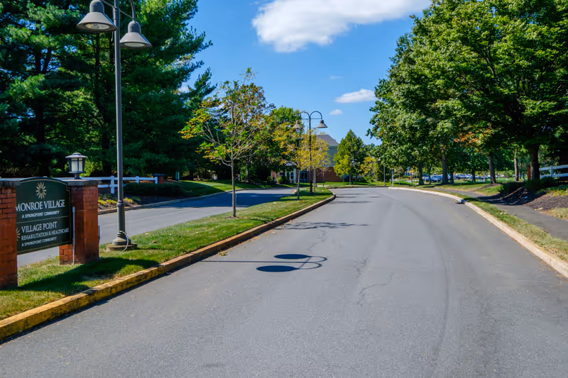 Driveway entrance to Monroe Village with lamp posts, trees, and a community sign on the left.